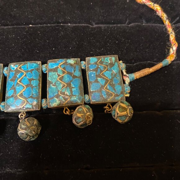 Vintage Bohemian Blue & Gold Gypsy Choker Necklace With Beaded Pendants - Picture 12 of 16